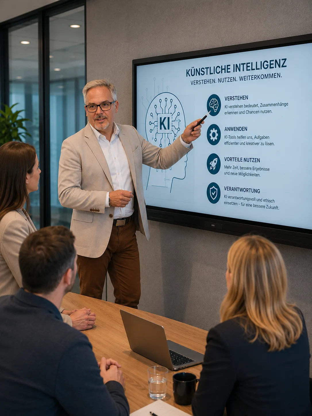 Jörg Eisbach erklärt Künstliche Intelligenz verständlich vor einer Gruppe von Unternehmern.