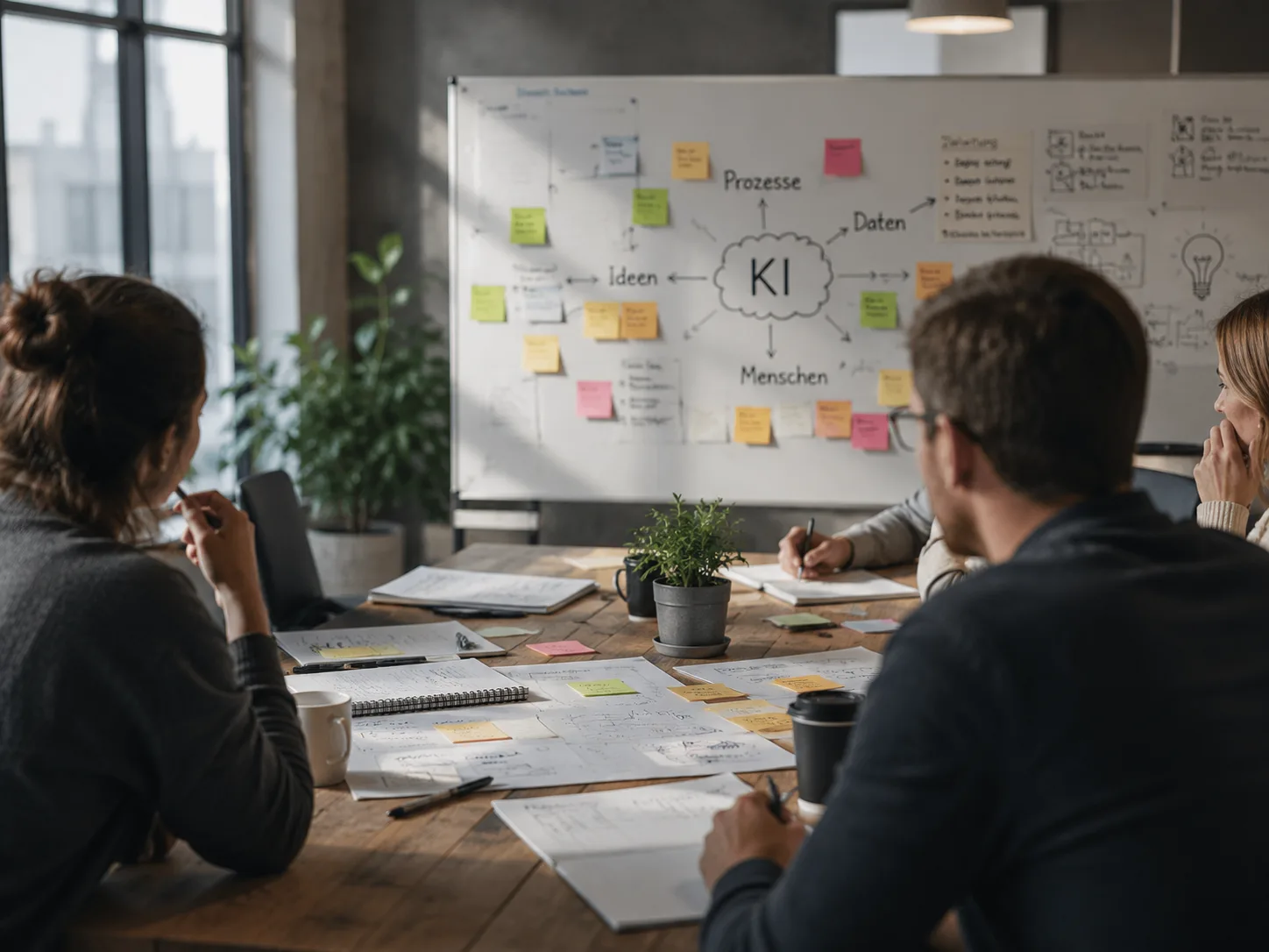 Menschen im Workshop – Gespräch, Austausch und Ideen am Whiteboard.